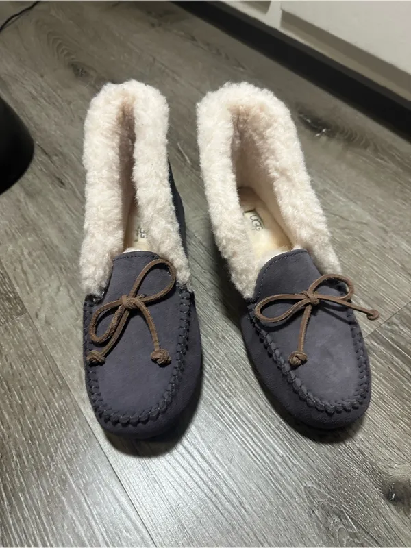UGG Gray Suede Moccasin Slippers with Cream Shearling Trim - Image 2