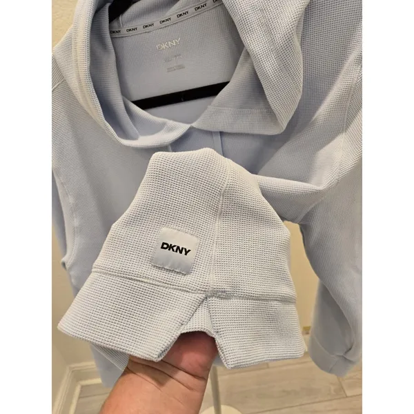 DKNY Waffle Knit Hoodie XXL Womens Light Blue Thermal Pullover Lounge Sweatshirt - Image 4
