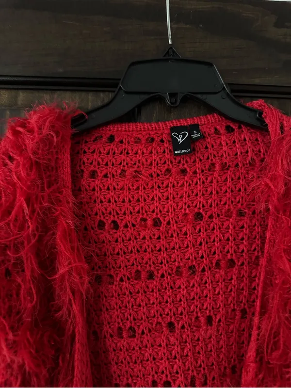 Bold Red Faux-Fur Shaggy Cardigan Sweater - Image 2