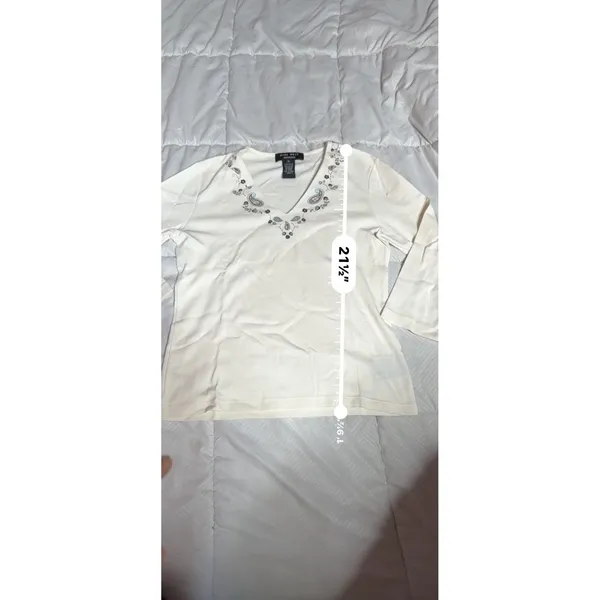 Nine West‎ V Neck Embroidery White Top S 3/4 Sleeve Cotton A1-0035 - Image 5