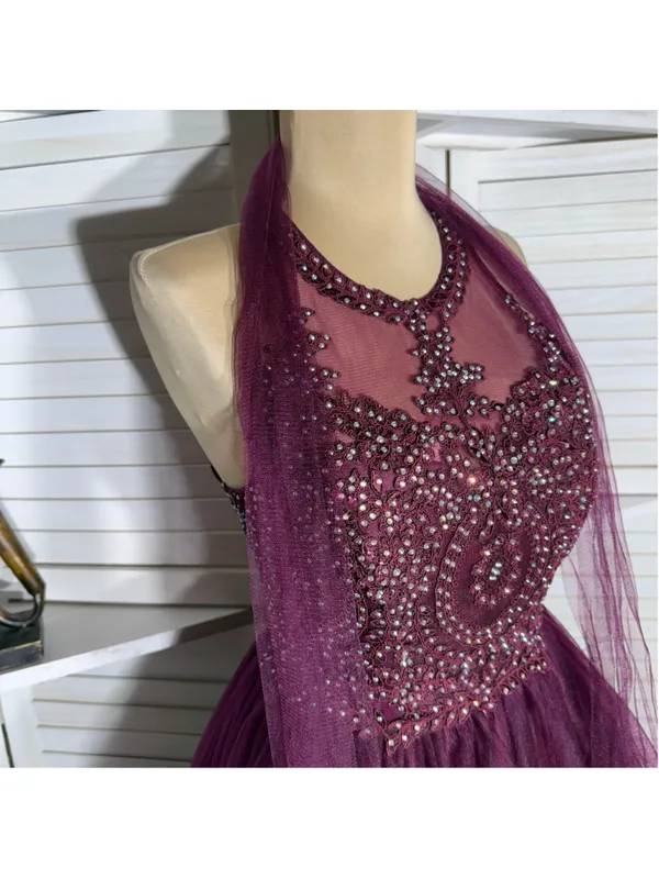 Burgundy mesh mini dress beaded halter open back fit flare homecoming whimsigoth - Image 6