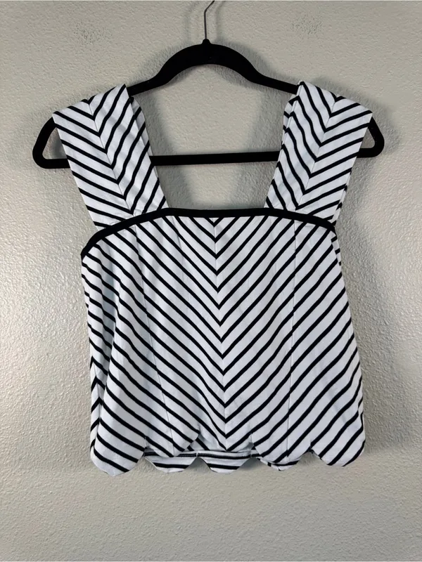 Maeve Anthropologie Black White Striped Scalloped Crop Blouse Womens S Summer - Image 11