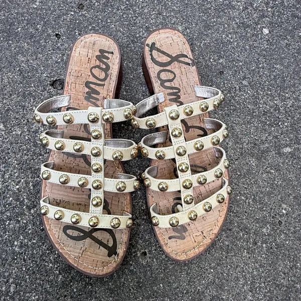 Sam Edelman Women Ivory Leather Studded Cage Slide Sandals Cork Block Heel Sz 8 - Image 3
