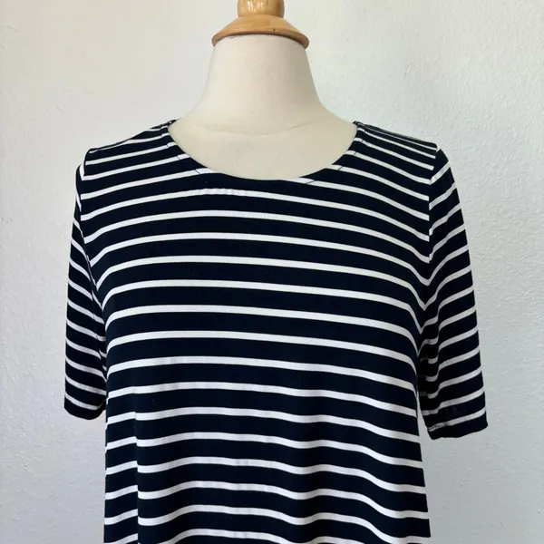 Exist Navy Blue & White Short Sleeve Striped Crochet Accent Button Back T-Shirt Dress - Image 2