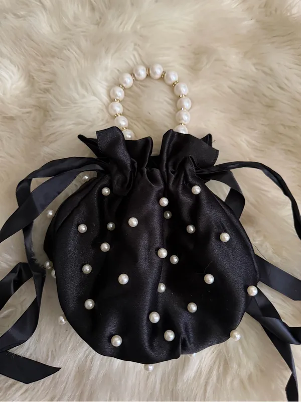Boutique Pearl-Handle Black Satin Drawstring Satchel - Image 3
