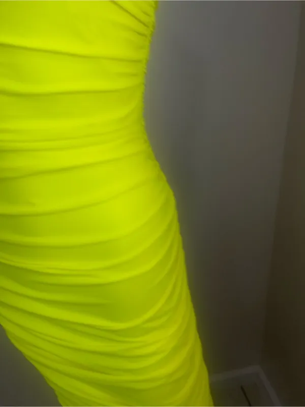 Tiger Mist Neon Yellow Strapless Ruched Bodycon Dress - Image 2