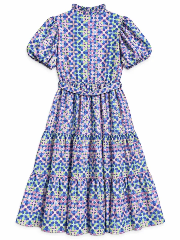 SSYS Athena Puff Sleeve Belted Midi Dress Womens Large Blue Geometric NWOT - Image 5