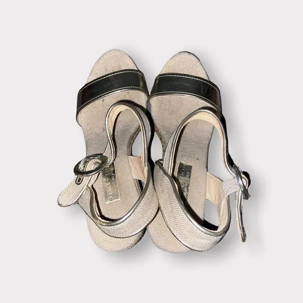 Maypol Gold Leather and Linen Espadrille Wedge Sandals Size 5.5 - Image 5