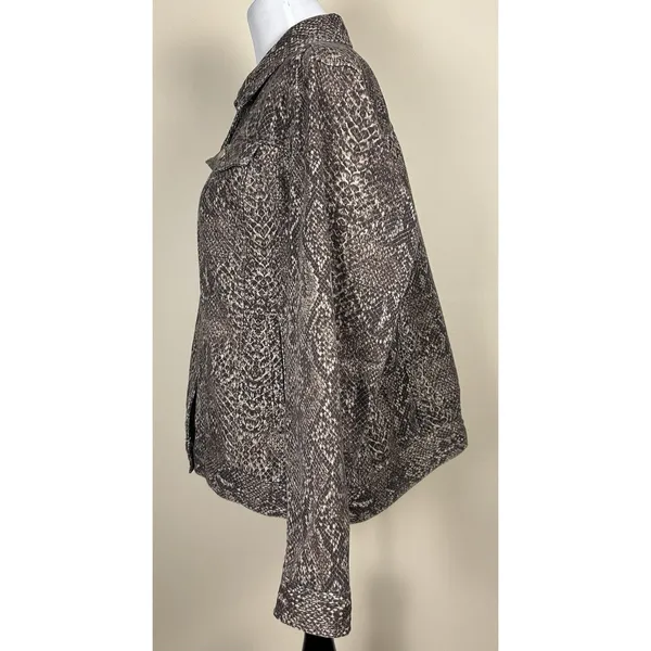CHAPS Women 1X Snake Print Denim Jacket Brown Tan Reptile Stretch Jean Coat Plus - Image 4