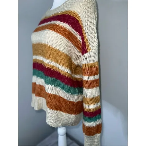 Women’s Striped Fall Oranges/Maroon/Cream Knit Sweater Medium - Image 2