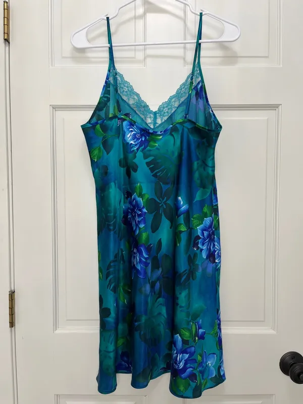 Y2K Tropical Floral & Monstera Leaf Print Satin Slip Dress - Size Large - Image 6