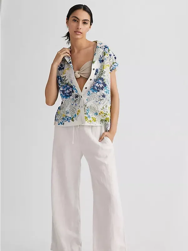 Anthropologie Printed Surf Shirt Short Sleeve Button Down Blue Floral Sz Large - Image 3