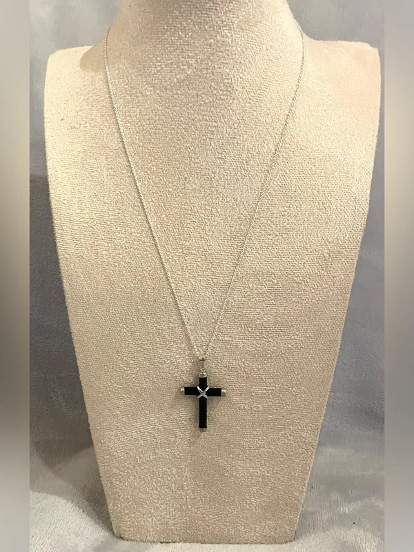Unisex Black Cross Pendant Necklace Silver Tone Chain Gothic Religious Jewelry - Image 2