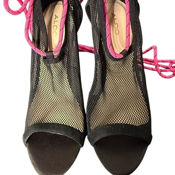 ALDO Black Mesh Lace Clear Heel Shoes Womens 7 Open Toe Pink Lace Up Cyberpunk - Image 3