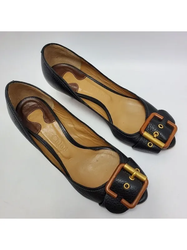 Chloe Leather Buckle Peep Toes Kitten Heels Slip On Pumps Size 37 Black - Image 3