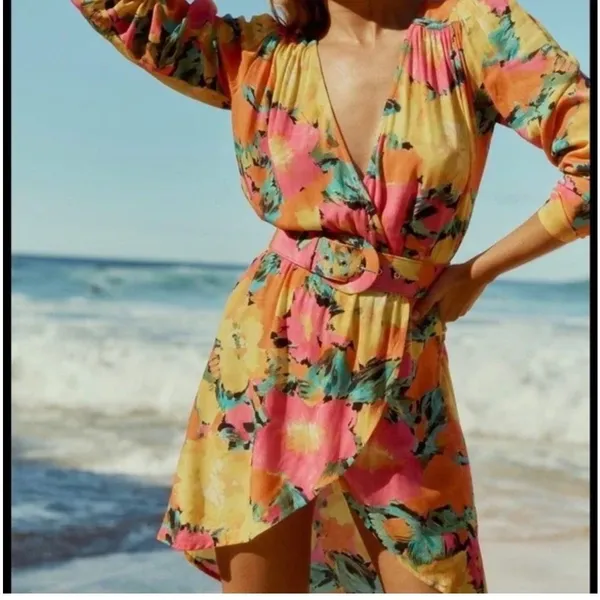 Jens Pirate Booty Floral ambrosia Mini Dress Pink Yellow Orange Small boho‎ Y2K - Image 3