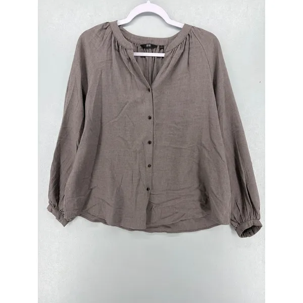Uniqlo‎ Womens Blouse Brown Taupe Gathered V-Neck Long Sleeve Small - Image 2