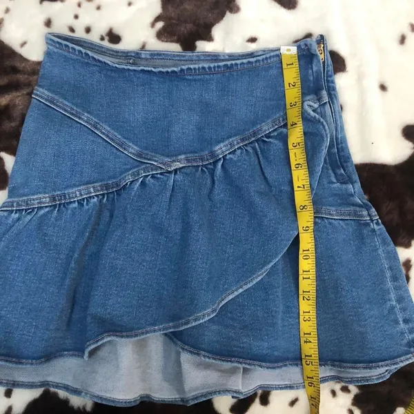 MOTHER The Minx Ruffled Denim Mini Skirt in Layover Jean Denim Asymmetrical Ruffles Pleats New w/o tag Sz 28 - Measurement in pics - Image 8