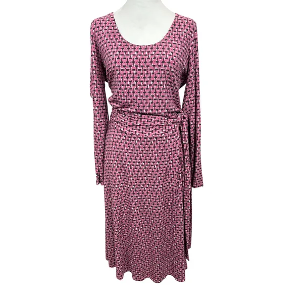 Boden‎ Silvia Long Sleeve A-line Faux Tie Wrap Dress Pink 14L Tall Geometric - Image 2