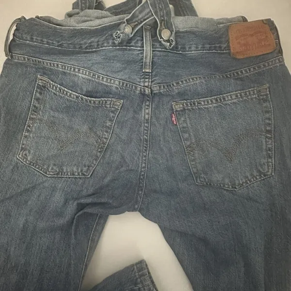 Levis Overalls Womens Small Blue Cotton Denim Bib Straight Leg Distressed Jeans - Image 7