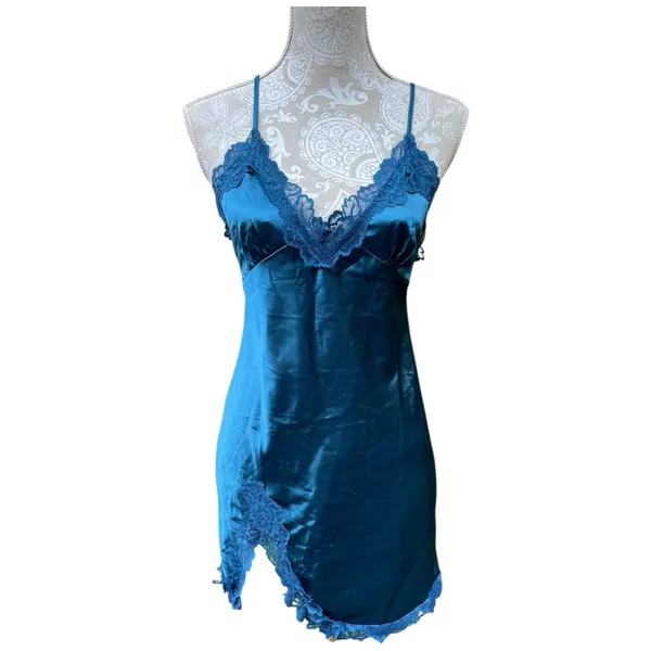 Teal Blue Satin Lace Slip Dress Chemise M Y2K Lingerie Aesthetic Feminine Coquet - Image 4