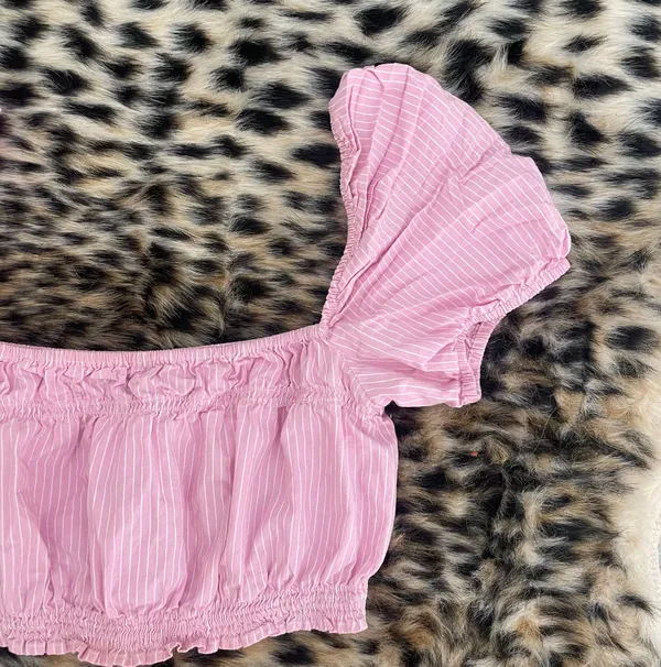 Light Pink and White Striped Puff Sleeve Crop Top - Image 2