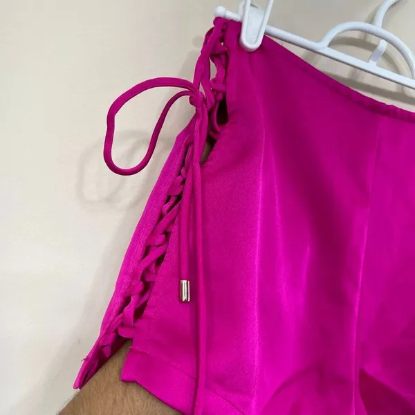 Hello Molly Womens Satin Lattice Side Fun Starts With You Shorts Pink XS - Image 2