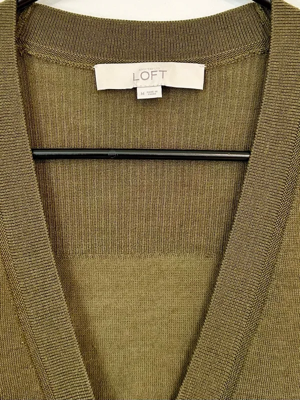 LOFT Olive Green V-Neck Button Wool Blend Cardigan - Size: Medium - Image 3