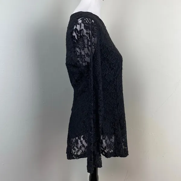 Carmen Marc Valvo Black Lace Long Sleeve Layered Top Medium - Image 4