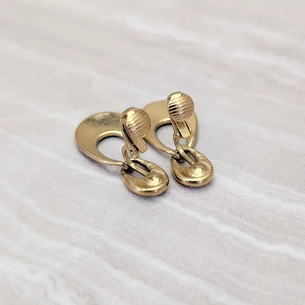 Vintage Clip On Earrings Stylish Gold Tone with Black Enamel & Clear Gems - Image 2