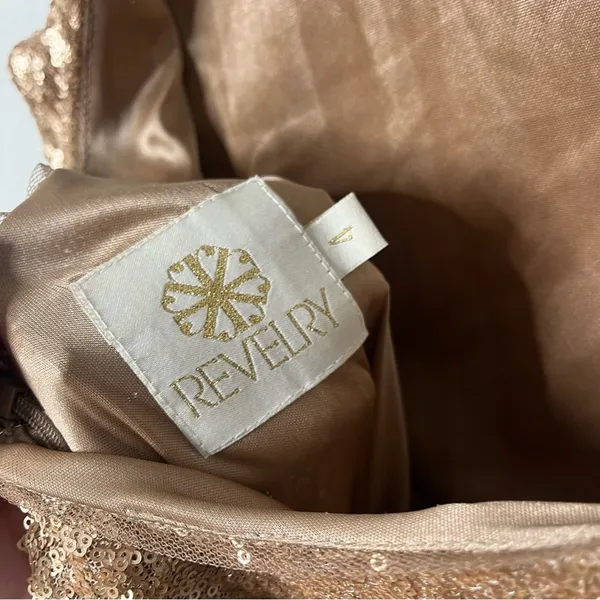 Revelry Chloe‎ Sequin Dress Gold Maxi Floor Length Gown Scoop Open Back Womens 4 - Image 6