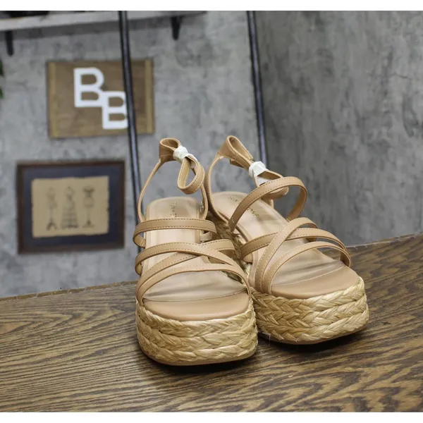 NEW Sun + Stone Finnickk Faux Leather Wedge Sandals 10018626200 Tan Brown 9M - Image 4