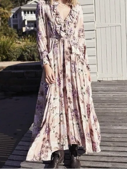 Revolve Jaase Chantal Boho Floral Ruffle Romantic Maxi Dress Peach Pink Handcrafted M - Image 3