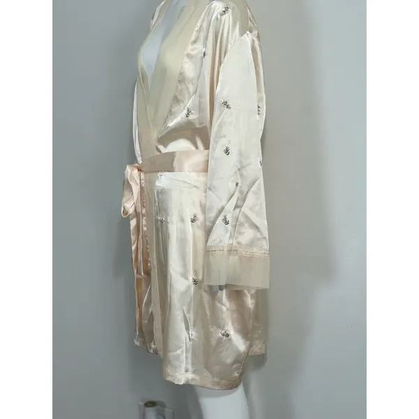 Morgan Taylor Women's Size XL Satin Cream Floral Kimono Robe Belt Embroidered - Image 6