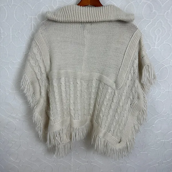 Madden NYC Womens Ruana Sweater OS Cream Open Front Fringe Cable Knit Poncho - Image 5