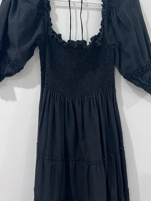 Hill House Black Smocked Puff Sleeve Midi Nap Dress S - Image 2