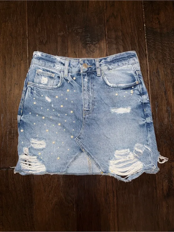 Zara Pearl Embellished Denim Mini Skirt - Image 4