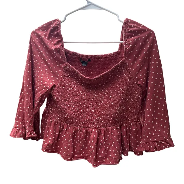 Y2K Dusty Rose Polka Dot‎ Smocked Peplum Square Neck Top Bell Sleeve - Image 2