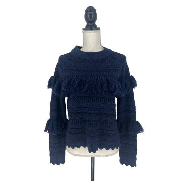 Jonathan Simkhai Tassel Fringe Knit Wool Sweater Black Blue‎ Stripe - Image 2