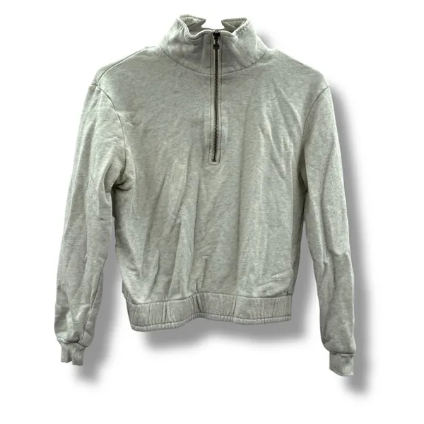 Garnet Hill Cropped Quarter Zip Pullover Sweatshirt Women’s Size XS Light Gray‎ - Image 2