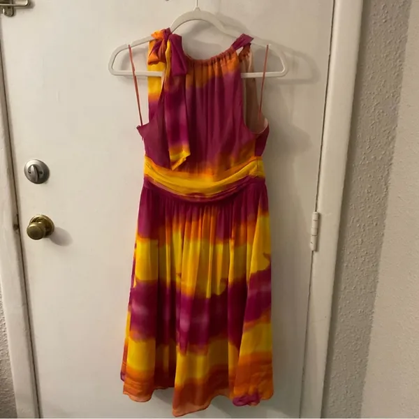 Express Silk Sunburst Tie Dye Shoulder Dress 4 Dopamine Rainbowcore Barbie Boho - Image 4