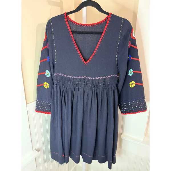 Ulla Johnson Masha Floral Embroidered Silk Pleated Tunic Dress Midnight Size 2 - Image 2