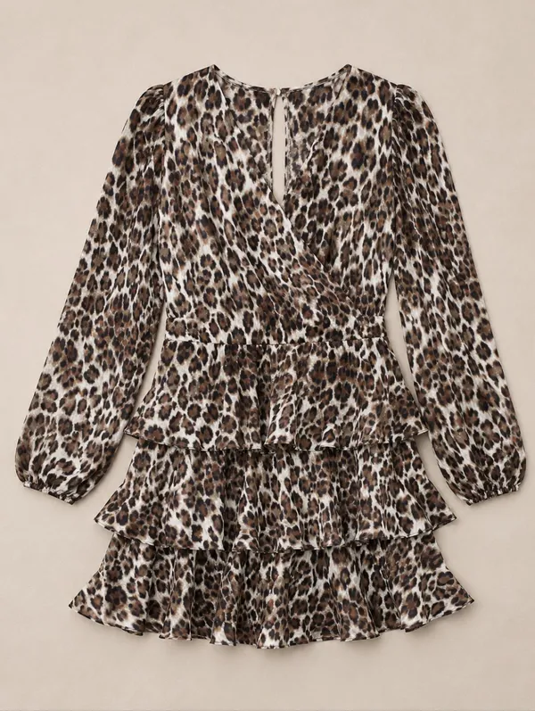 Cupshe Leopard Mini Dress Tiered Flounce & Ruffle Bishop Sleeve Brown Sm Mobwife - Image 2