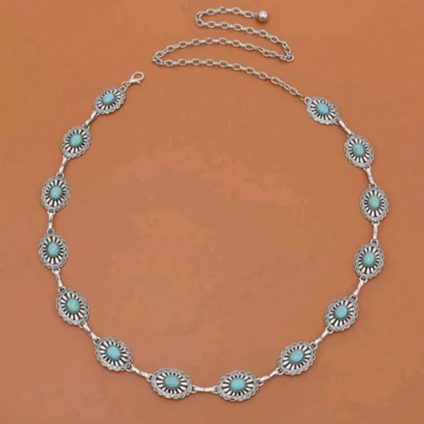 Turquoise Antiqued Style Silver Metal Belt With Carnelian Stone Inlay & Engraved - Image 5