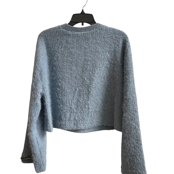 ZARA Fuzzy Knit Sweater Blue Long Bell Sleeves Cropped Top‎ Women's Large NWT - Image 4