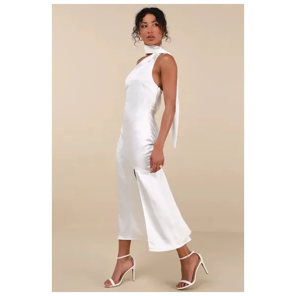 NWT Lulus Reglan White Satin One-Shoulder Sash Midi Dress Banquet Gala Size XS - Image 8