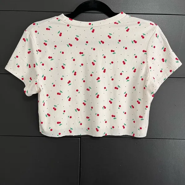 YUMMY SOFT Cherries Ribbed Short Sleeve Crewneck Crop Top Shirt Women’s M EUC - Image 4