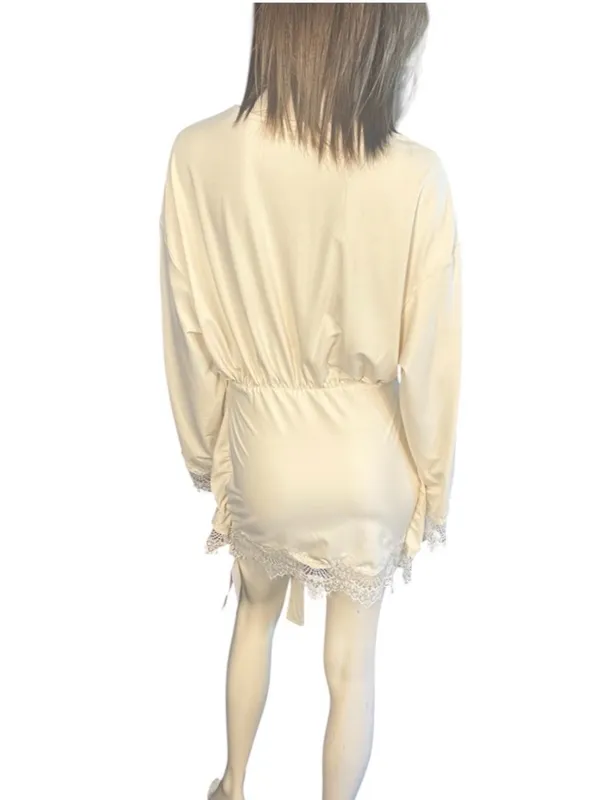 AiiRZ Long Sleeve Jersey Mini Dress With Lace Trim Cream Large NWT - Image 5