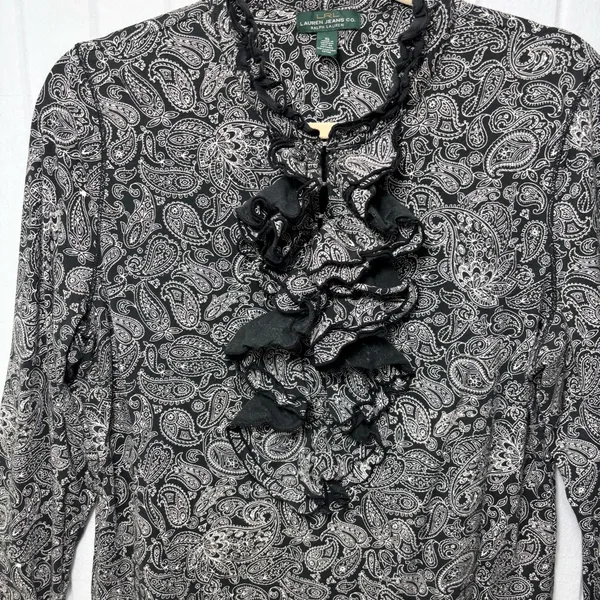 Ralph Lauren Black White Paisley‎ Ruffle Front Long Sleeve Cotton Blouse Size XL - Image 5