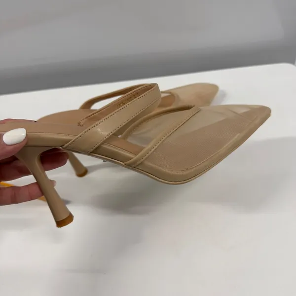 Nude Mesh Pointed Toe Mules Double Strap Stiletto Heels Beige Size 8.5 Tan - Image 6